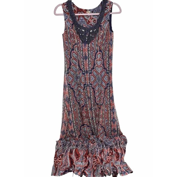 Reba Maxi Dress Mesh Paisley Rhinestone Sleeveless Fit & Flare Ruffle Bo… - Picture 1 of 8